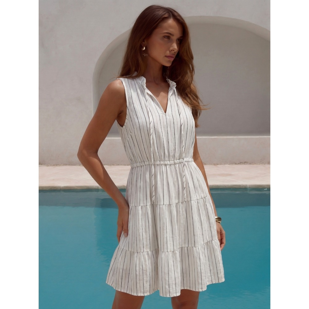 Heroes & Dreamers Women's White Striped Cinched Waist Casual Sundress Size M